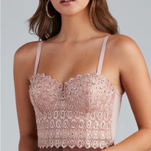 Pink Rhinestone and Lace Crop Top
